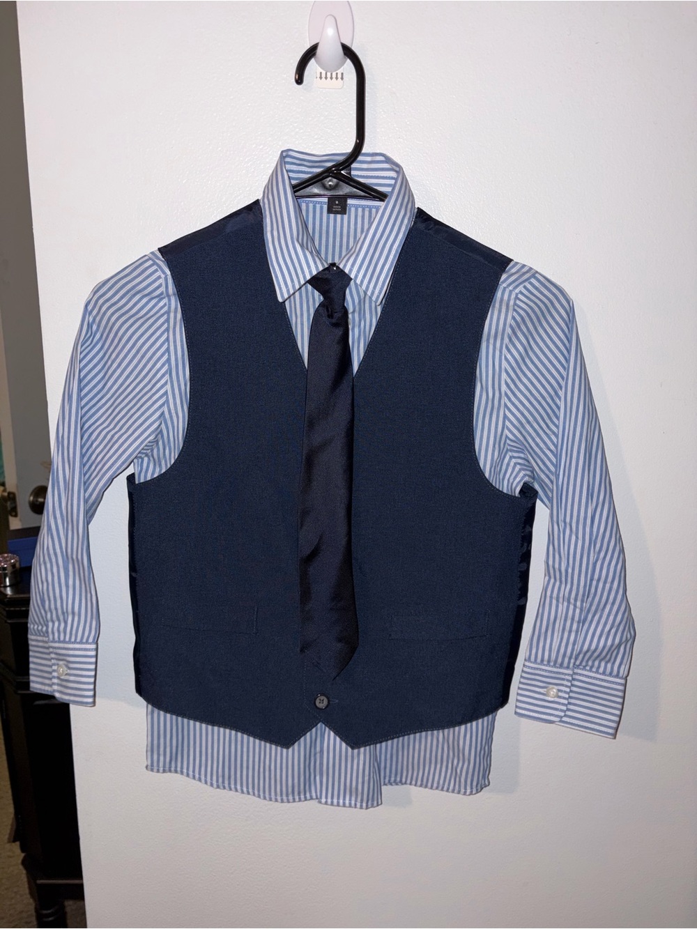 Boys Navy Vest & Tie Set with Blue Striped Shirt NWOT